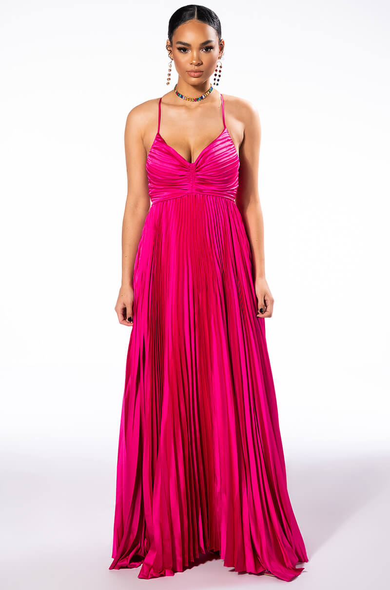 LILY PLEATED SATIN MAXI DRESS