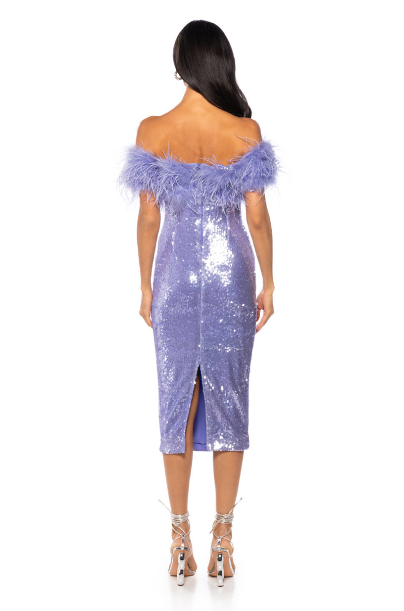 LOLO FEATHER DETAIL SEQUIN MAXI DRESS IN PURPLE