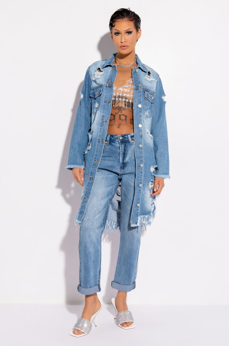 LONG DENIM JACKET WITH DISTRESSING