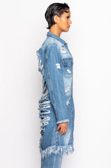 LONG DENIM JACKET WITH DISTRESSING