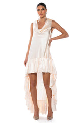 LONNIE COWL NECK HIGH LOW SATIN MIDI DRESS