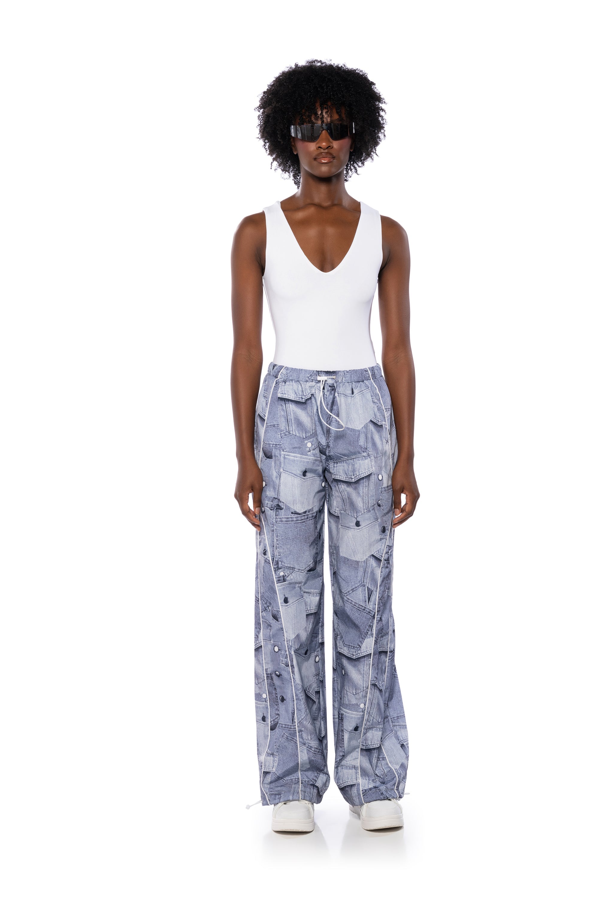 LOOK AGAIN DENIM GRAPHIC PARACHUTE PANT