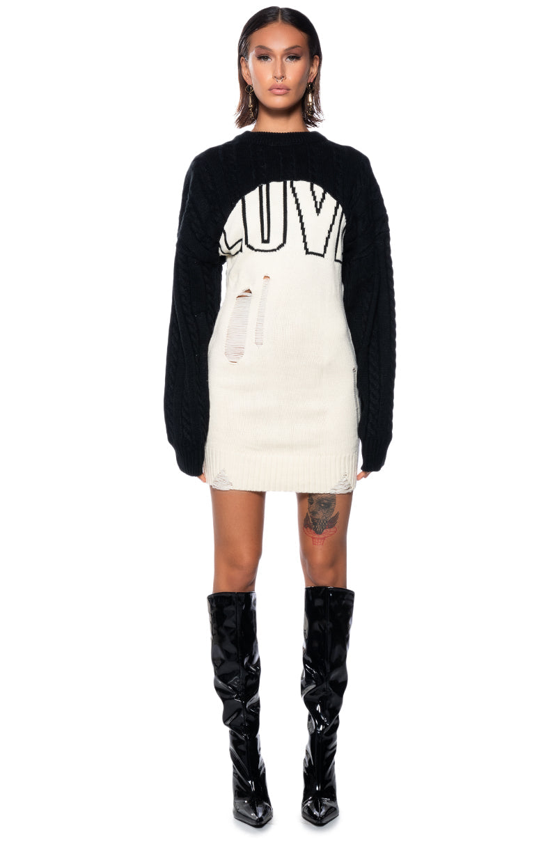 LOVE DISTRESSED KNIT MINI DRESS