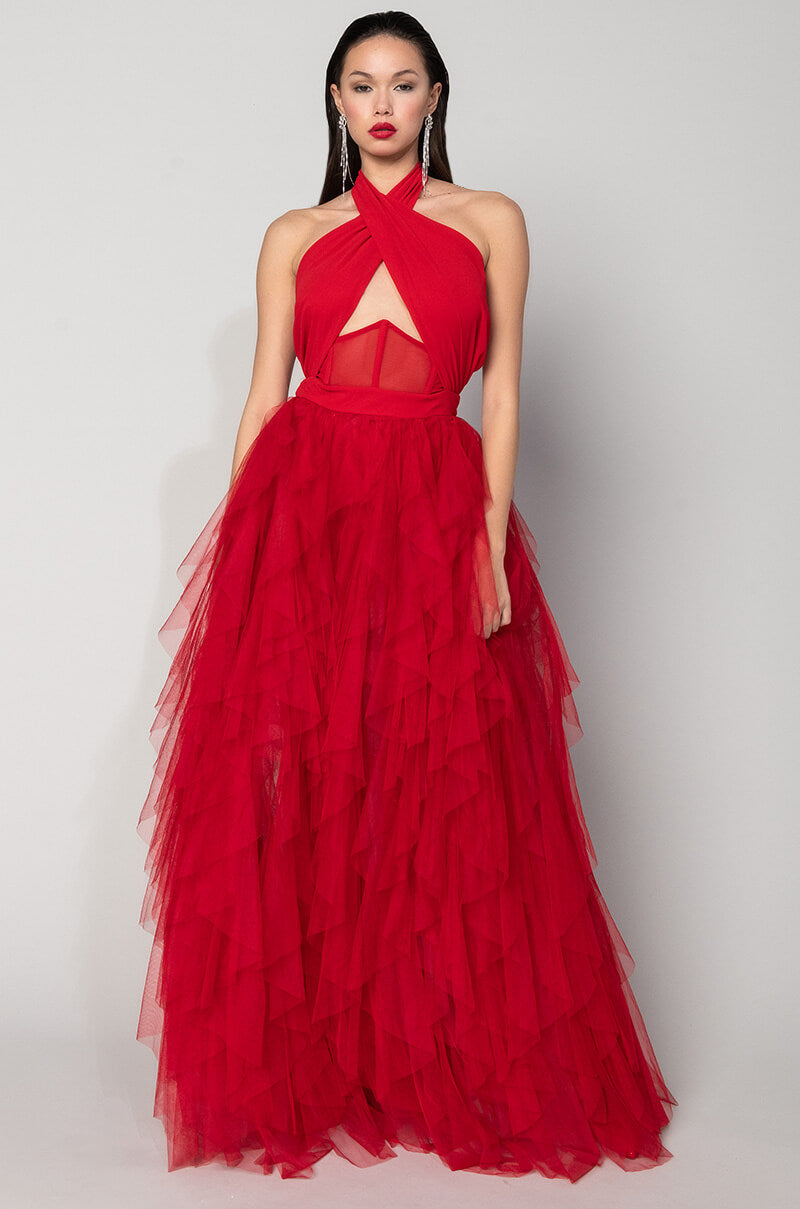 LOVE IN A HOPELESS PLACE RUFFLE DETAIL HALTER MAXI DRESS