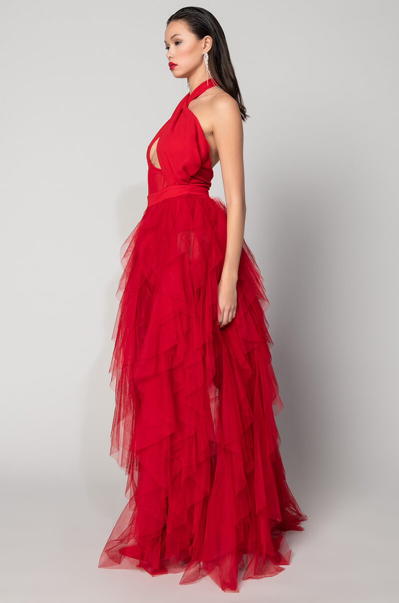 LOVE IN A HOPELESS PLACE RUFFLE DETAIL HALTER MAXI DRESS