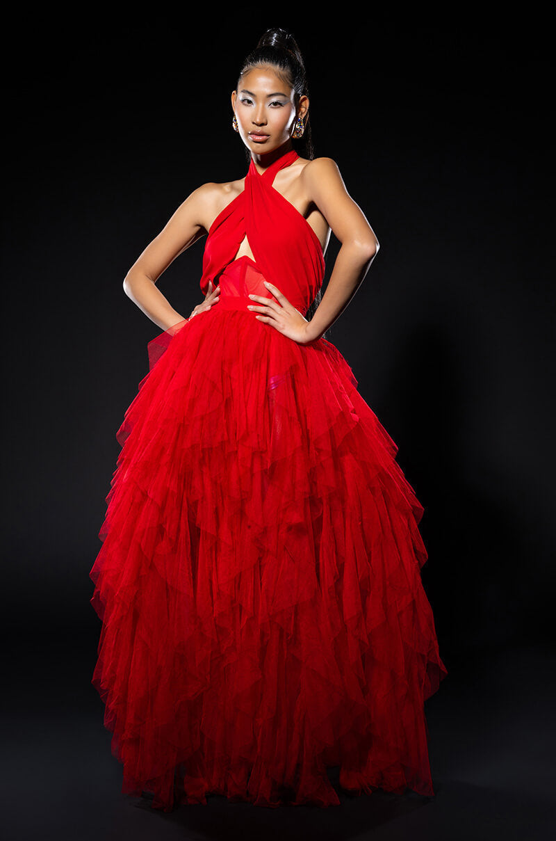 LOVE IN A HOPELESS PLACE RUFFLE DETAIL HALTER MAXI DRESS