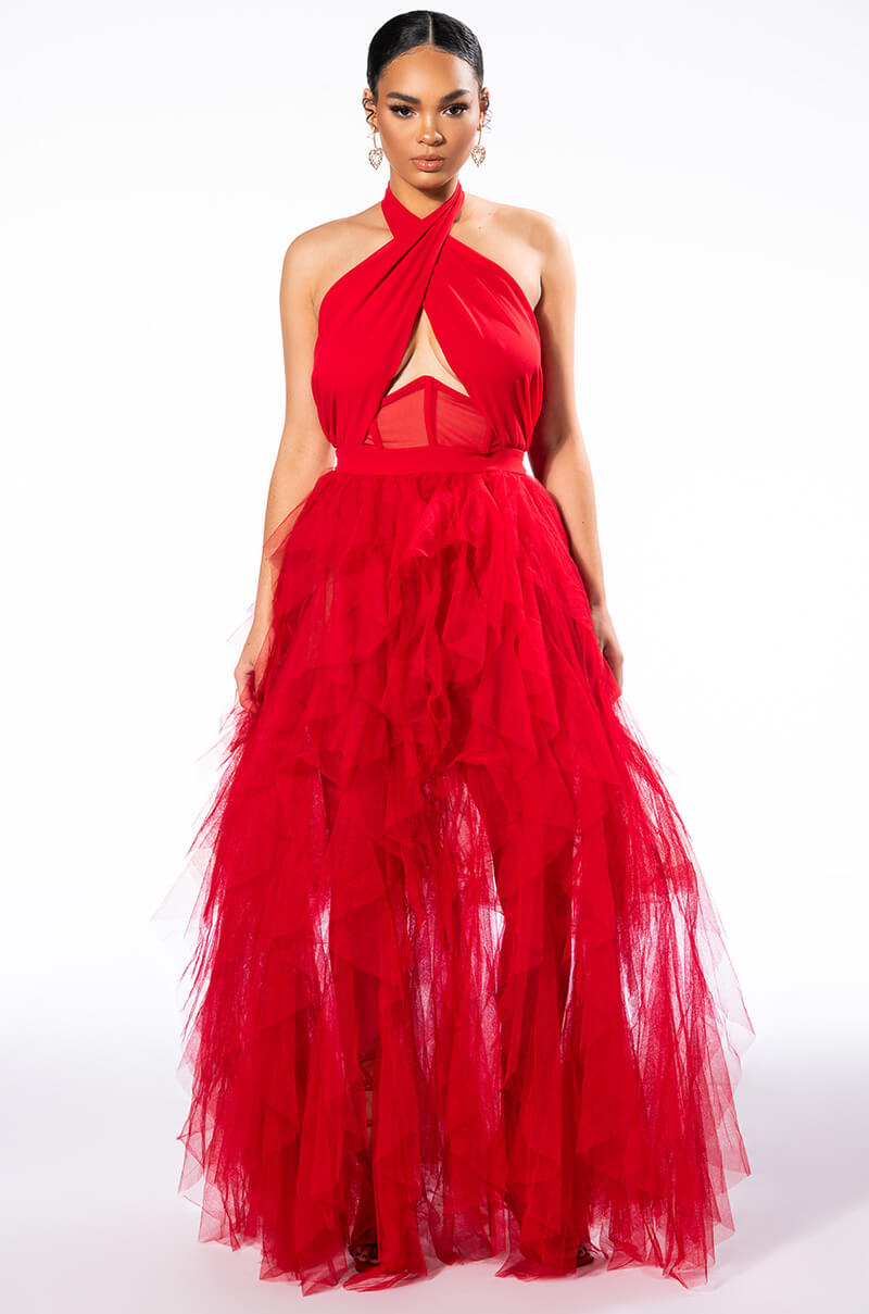 LOVE IN A HOPELESS PLACE RUFFLE DETAIL HALTER MAXI DRESS