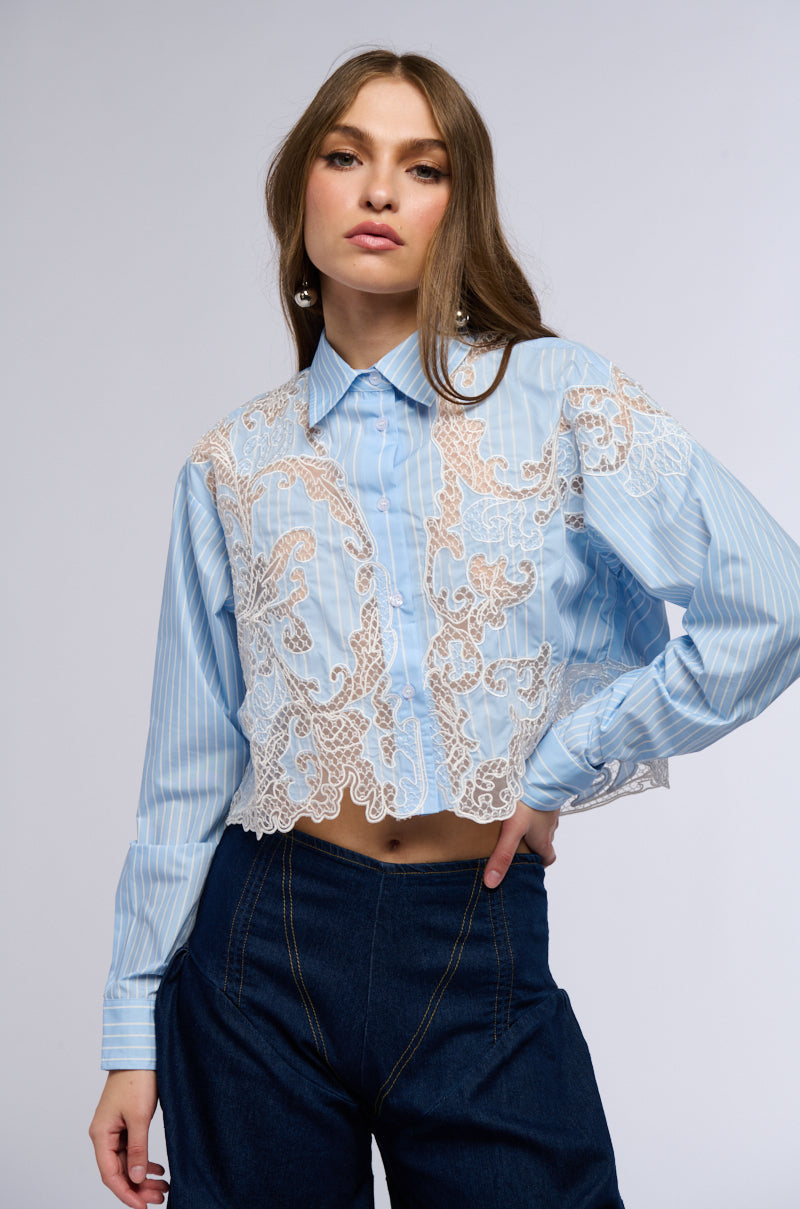 LOVE ME LIKE THAT BUTTON DOWN BLOUSE WITH LACE DETAILING