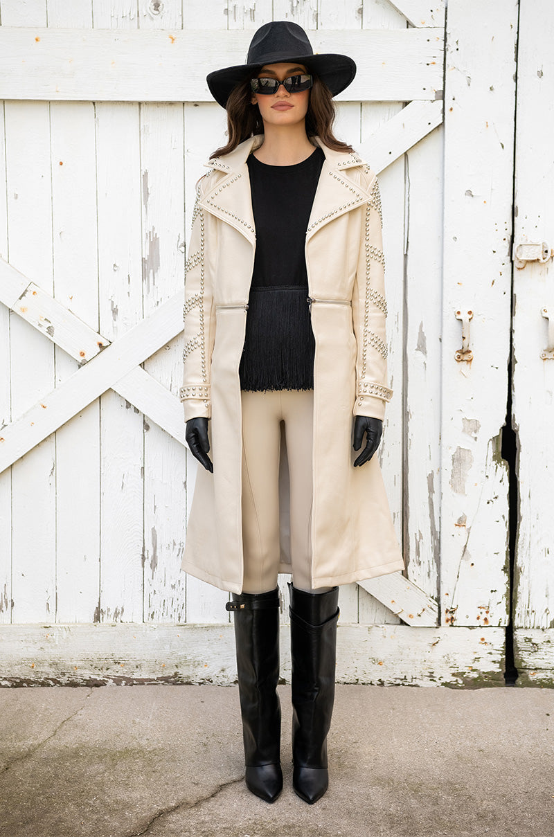BEIGE PLEATHER TRENCH COAT WITH STUDS