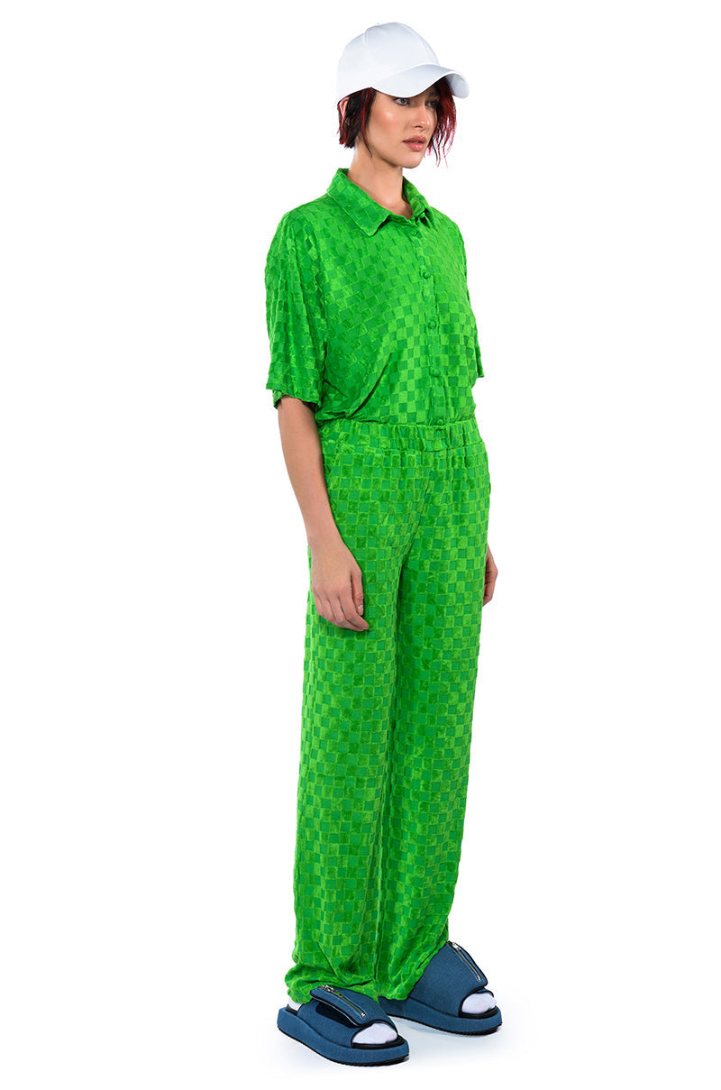 MICHELLE TERRY CHECKER TEXTURED BUTTON POLO SHIRT
