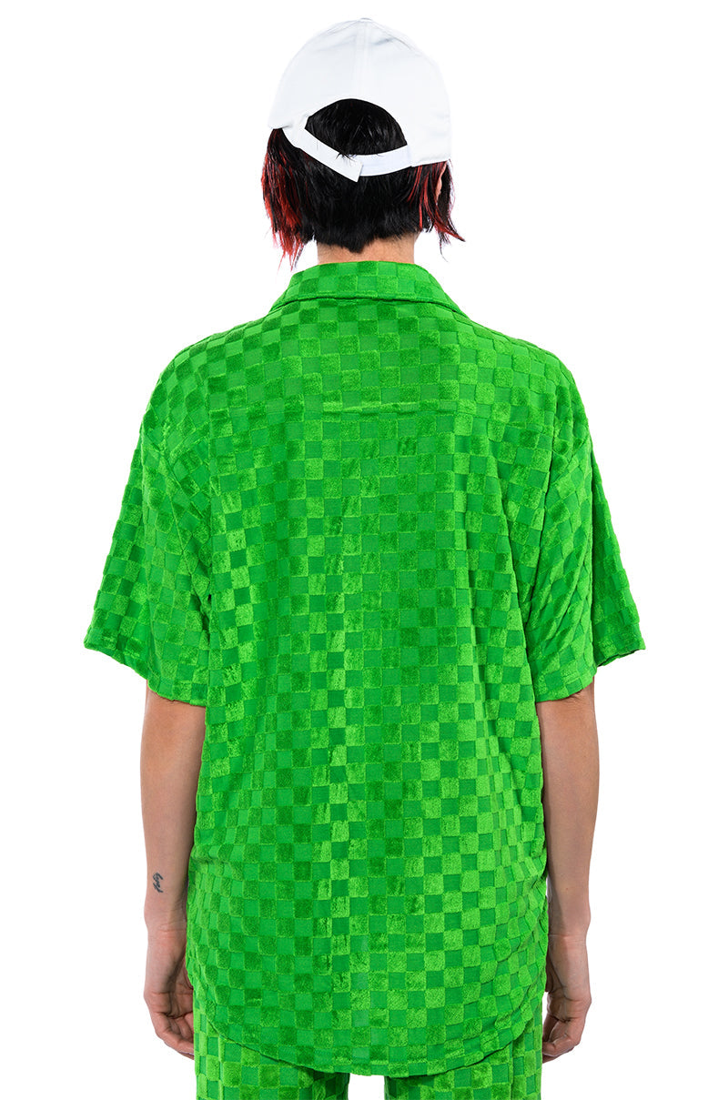 MICHELLE TERRY CHECKER TEXTURED BUTTON POLO SHIRT