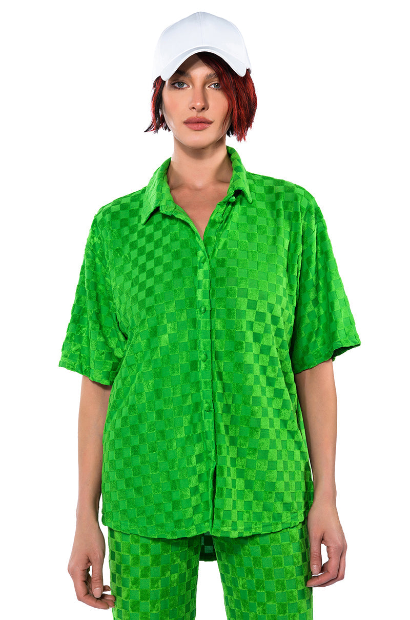 MICHELLE TERRY CHECKER TEXTURED BUTTON POLO SHIRT