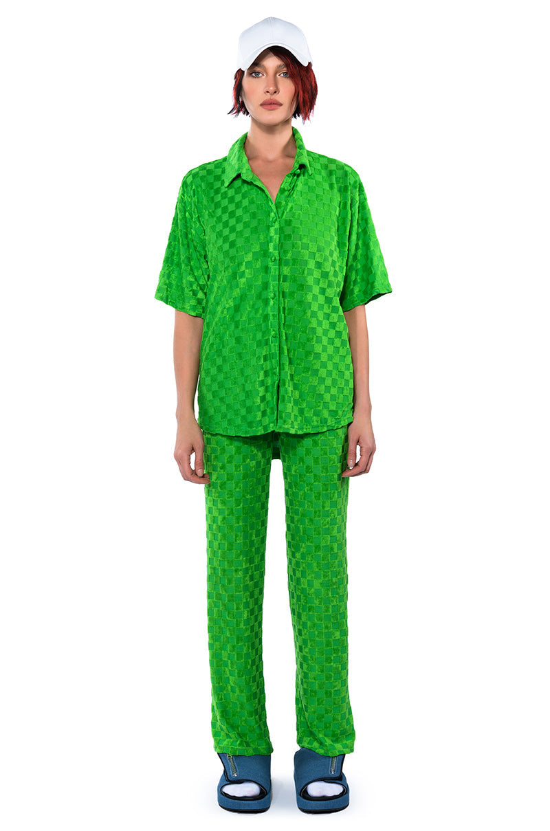 MICHELLE TERRY CHECKER TEXTURED BUTTON POLO SHIRT