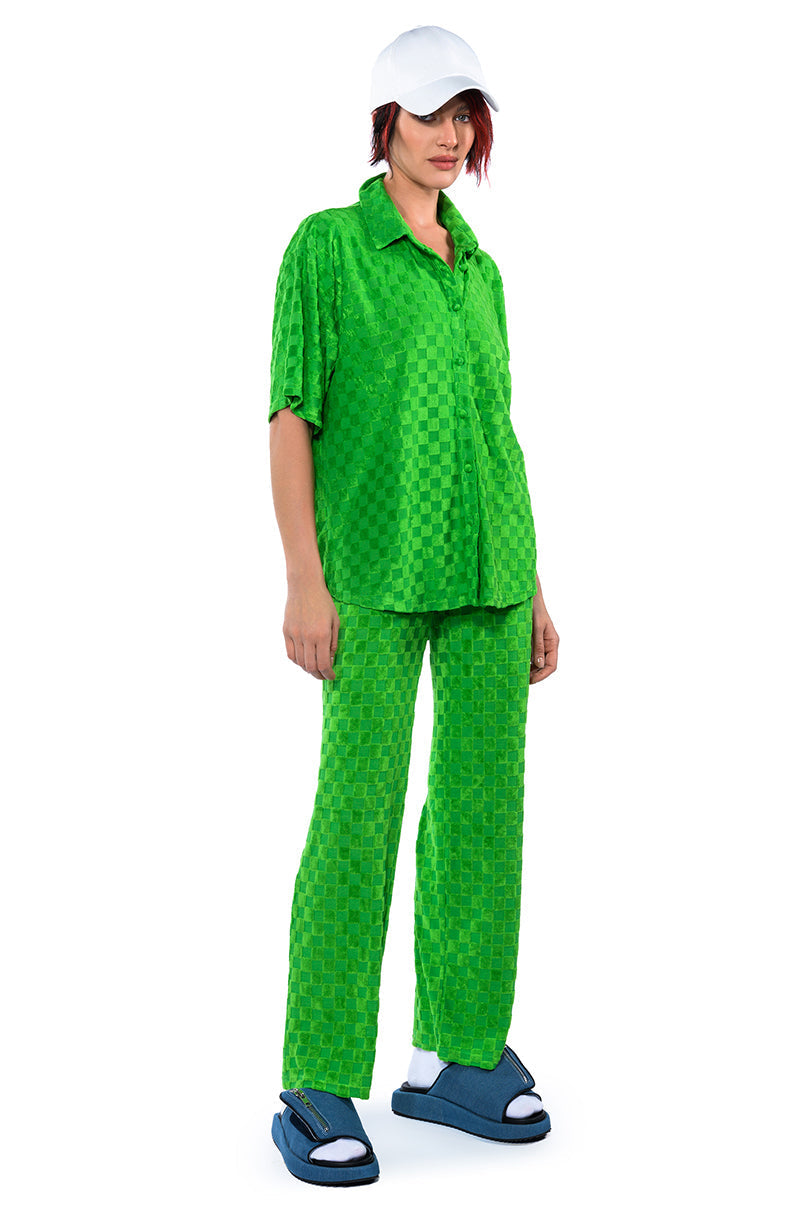 MICHELLE TERRY CHECKER TEXTURED BUTTON POLO SHIRT