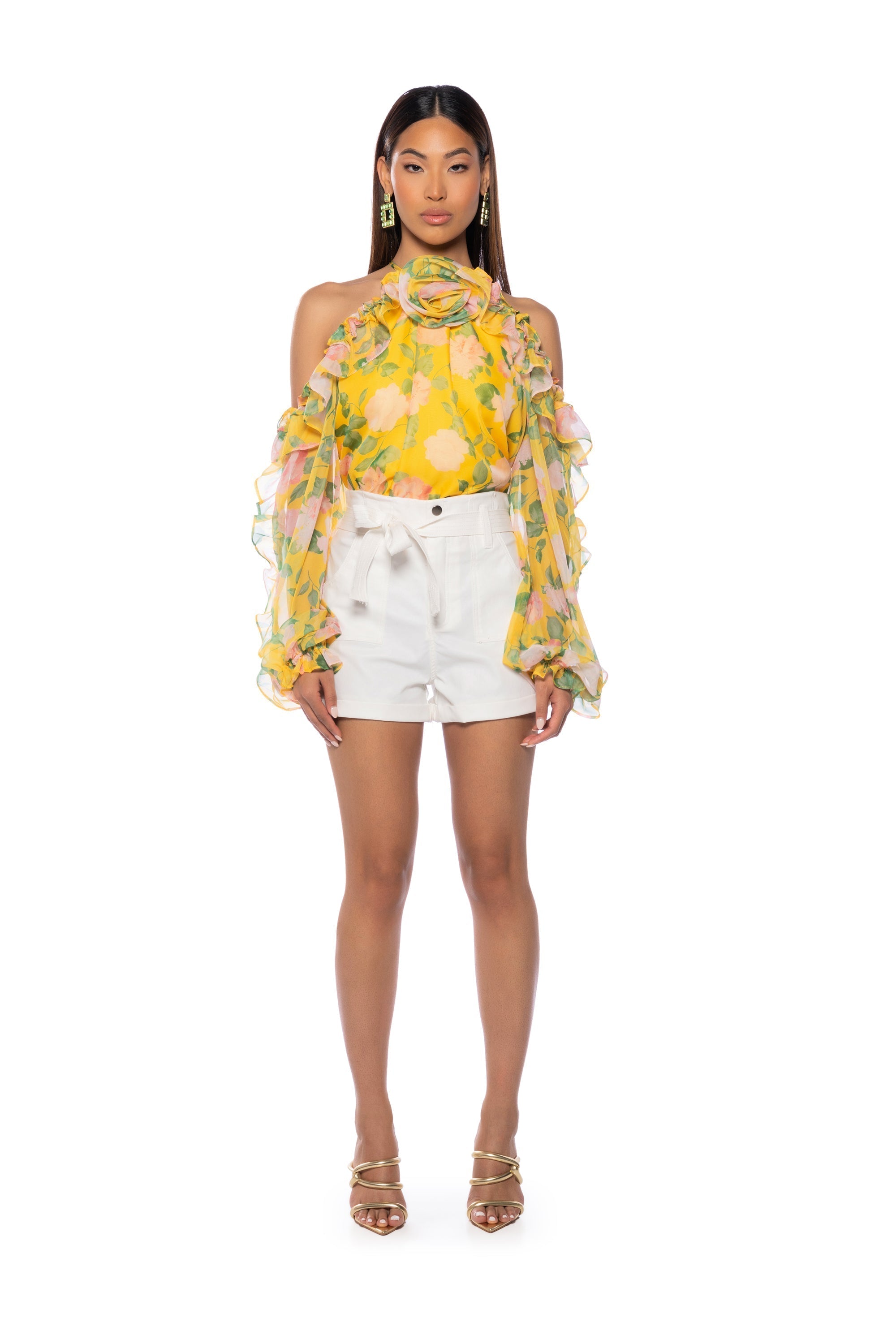 MISTY FLORAL PRINT COLD SHOULDER CHIFFON BLOUSE