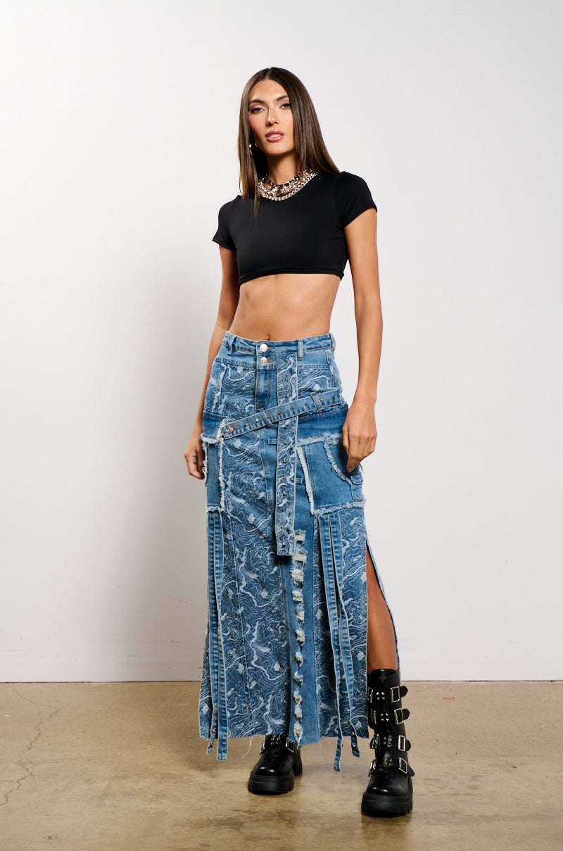 MIXED MEDIA DENIM MAXI SKIRT