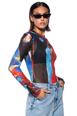 MODERN ART LONG SLEEVE MESH MOCK NECK BODYSUIT