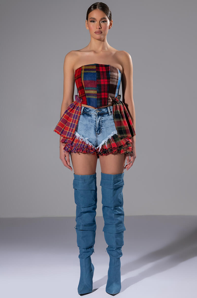 MODERN PUNK PLAID RUFFLE DENIM SHORT