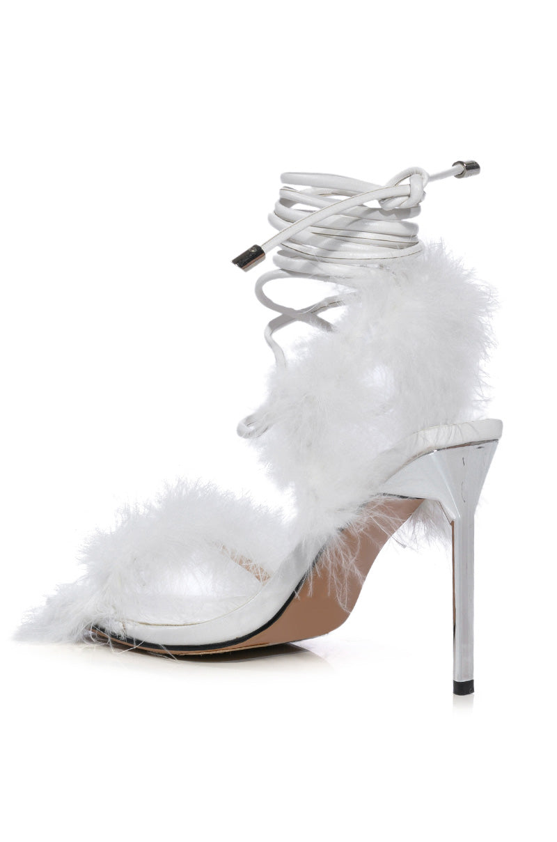 AZALEA WANG AMEILIA FUR STILETTO SANDAL IN WHITE
