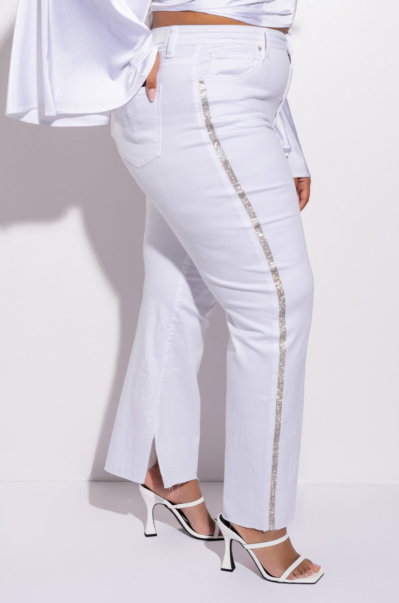 MOONWALKER RHINESTONE HIGH RISE SIDE SLIT STRAIGHT LEG JEANS