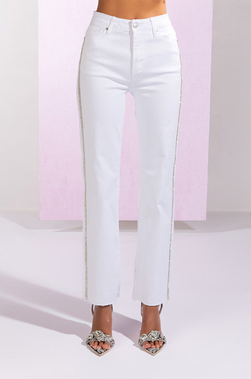 MOONWALKER RHINESTONE HIGH RISE SIDE SLIT STRAIGHT LEG JEANS