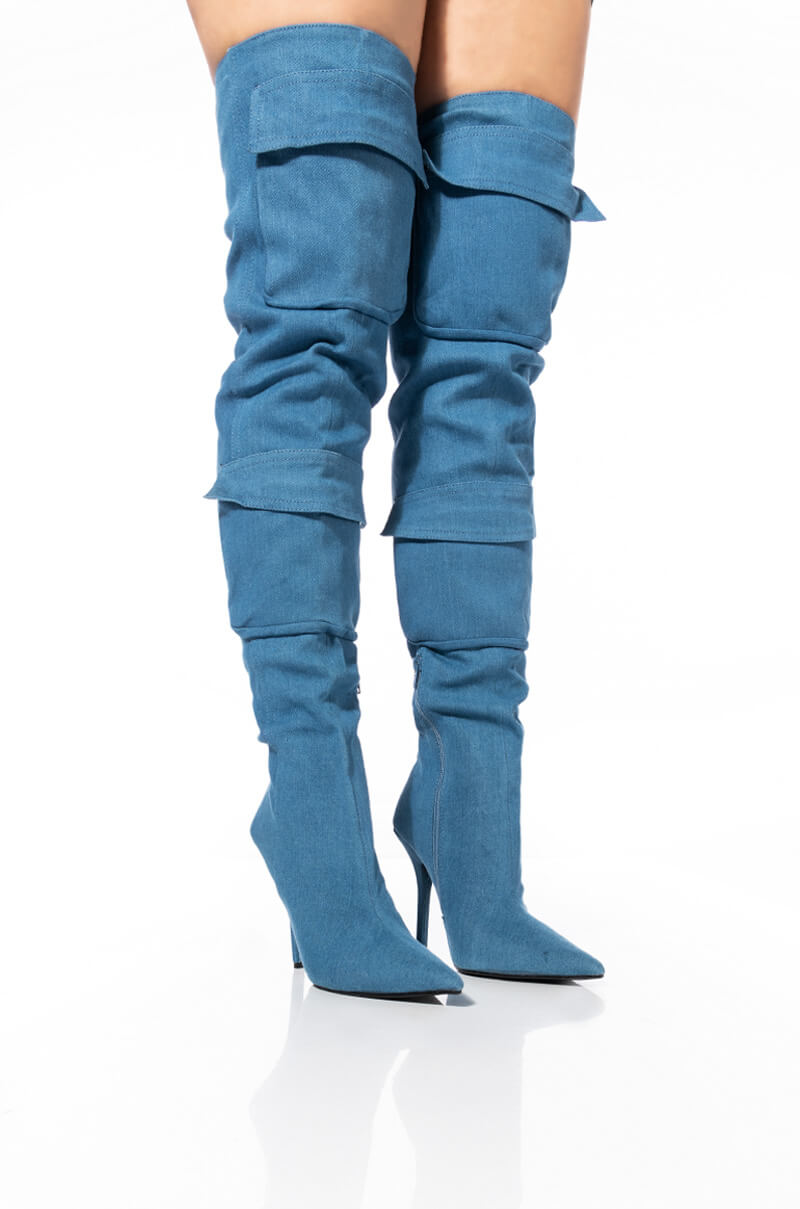 MOTOFOX STILETTO OVER THE KNEE BOOT IN BLUE DENIM