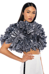 MUST BE DREAMING DENIM RUFFLE CROP BLOUSE