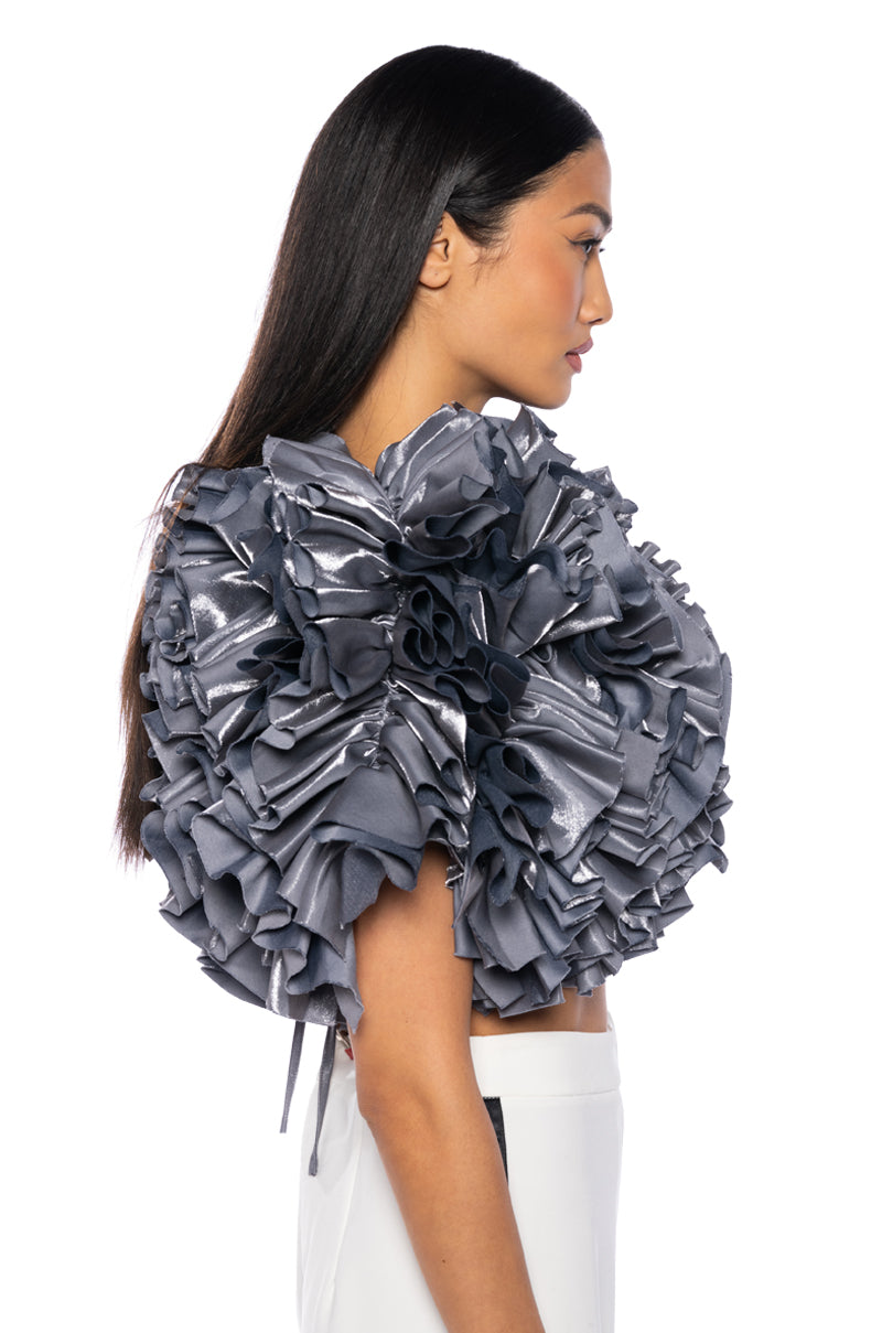 MUST BE DREAMING DENIM RUFFLE CROP BLOUSE