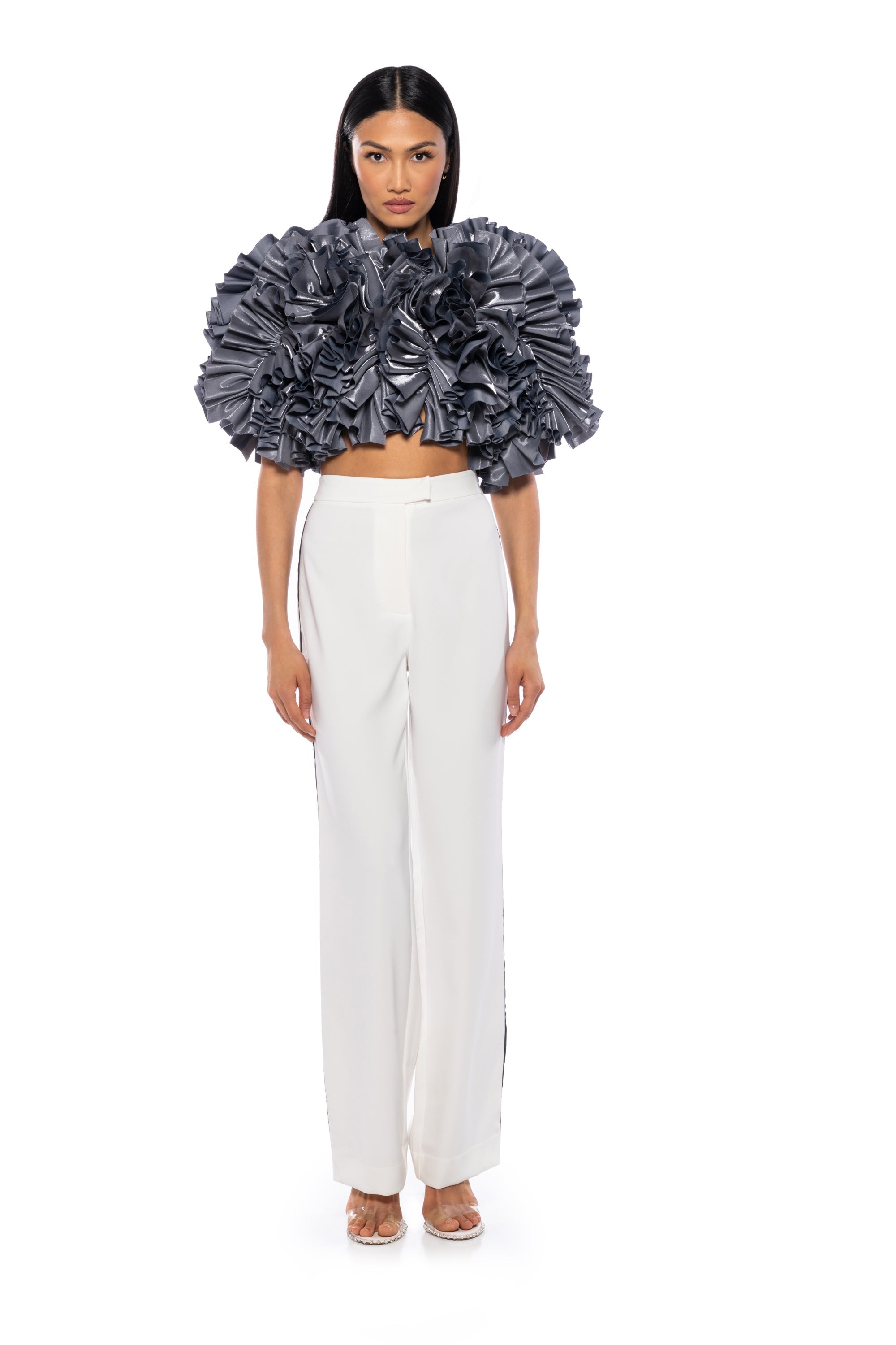 MUST BE DREAMING DENIM RUFFLE CROP BLOUSE