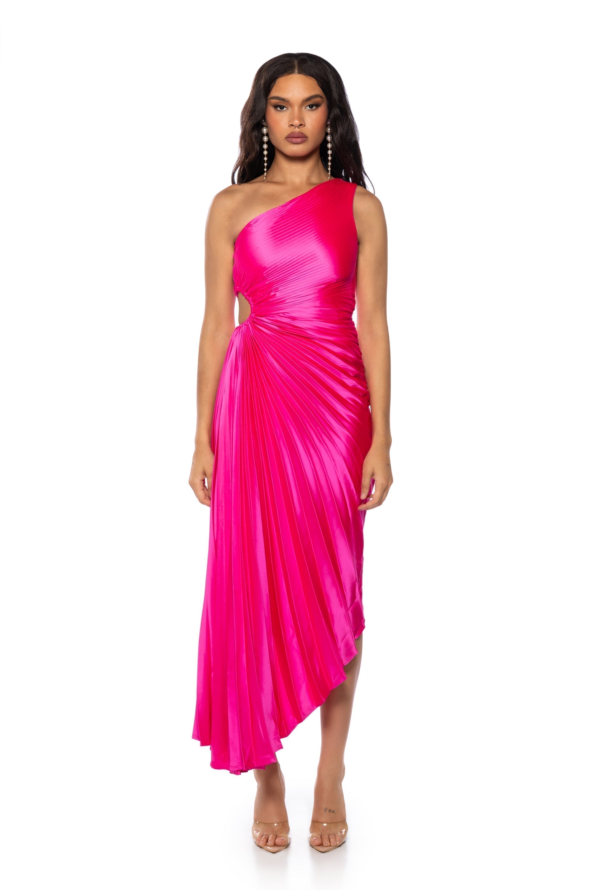 PLEATED ONE SHOULDER MIDI DRESS
