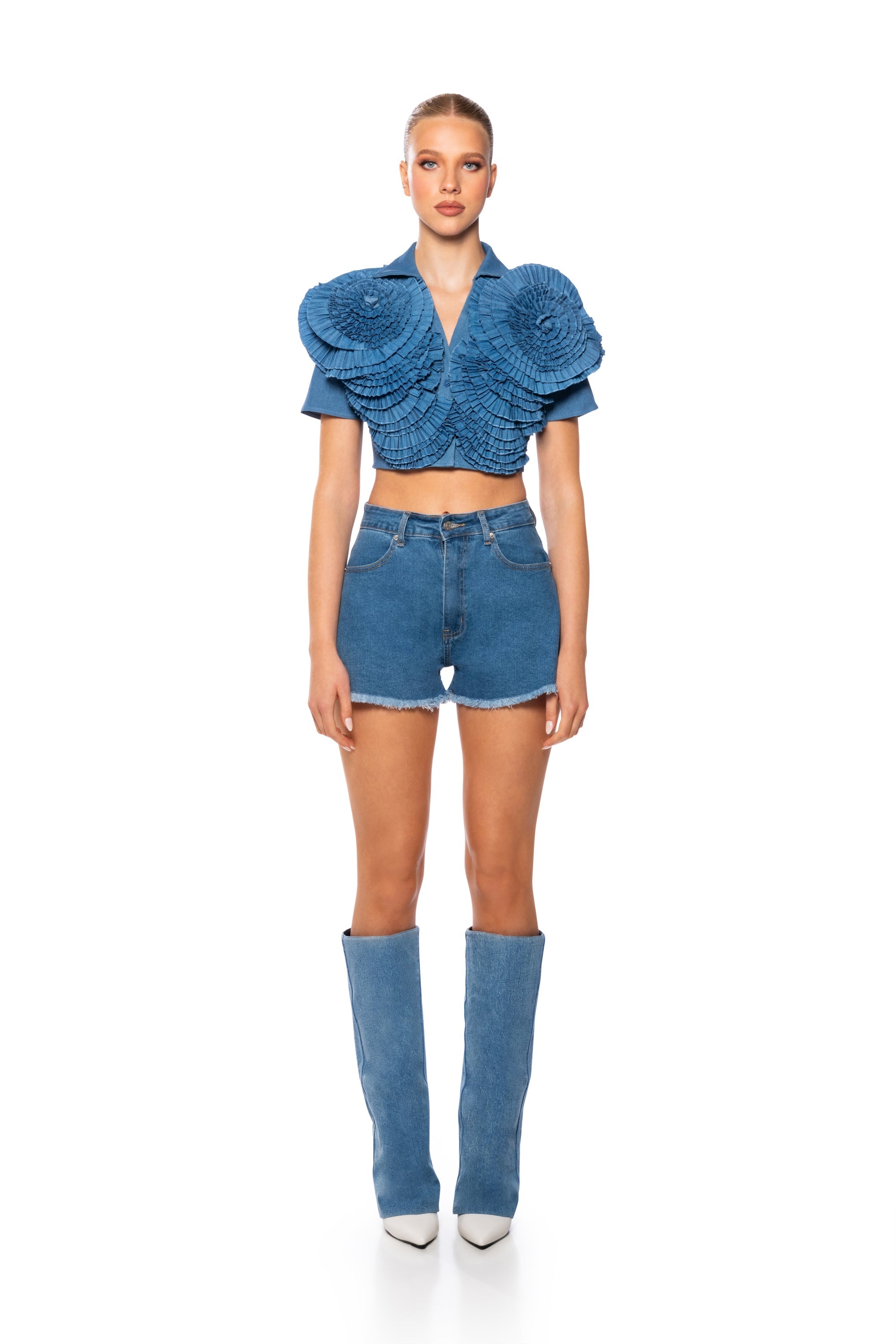 MYRA TEXTURED COLLARED DENIM TOP
