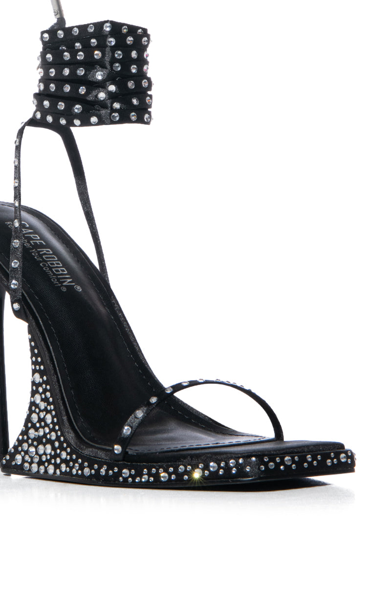 NADURA BLACK EMBELLISHED LACE UP SANDAL