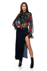 NEVER TOO LATE ROSE PRINT TIE NECK BLOUSE