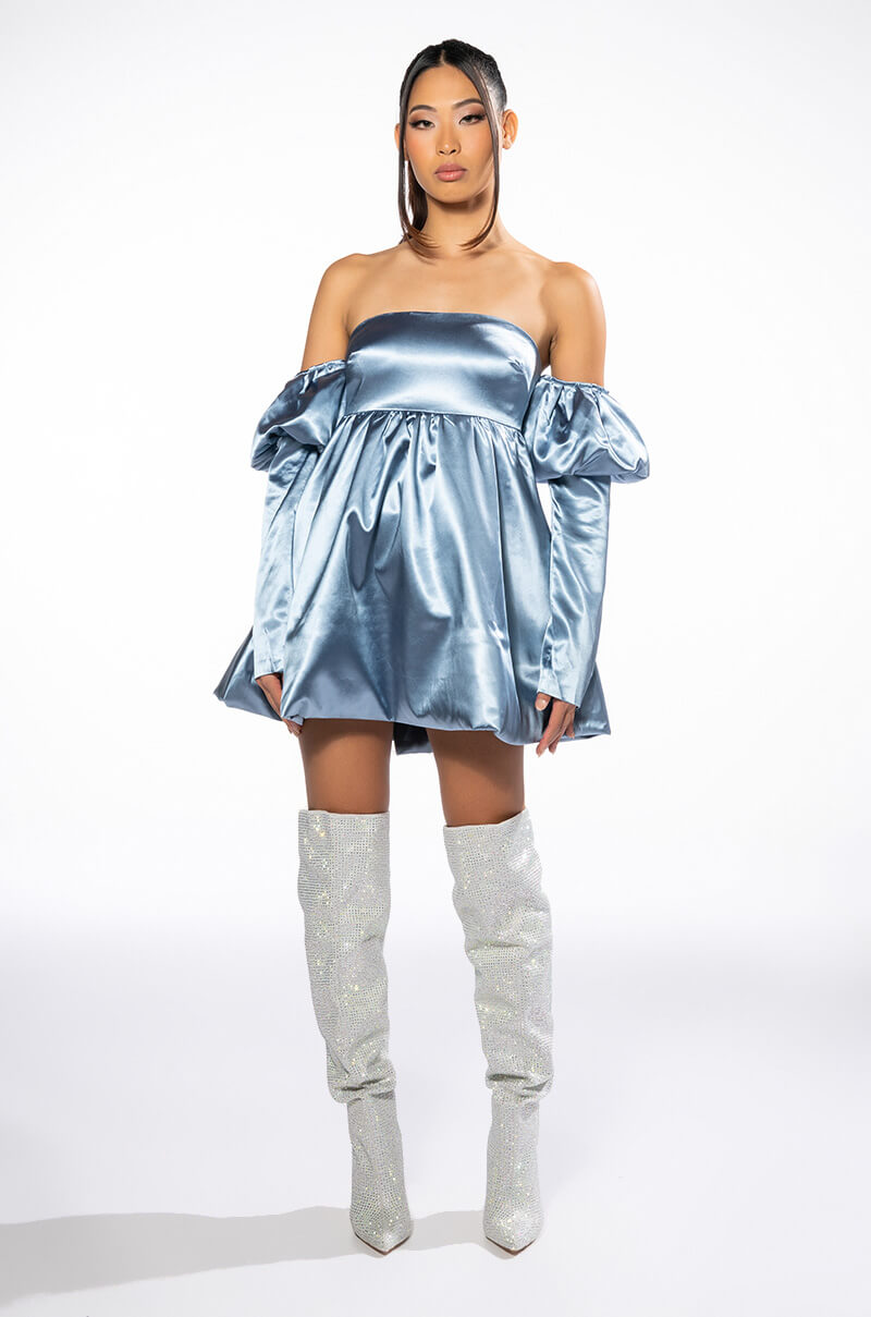 NEVERLAND OFF THE SHOULDER MINI BUBBLE DRESS