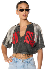 NEW RULES CROPPED RHINESTONE DETAIL SWEATSHIRT