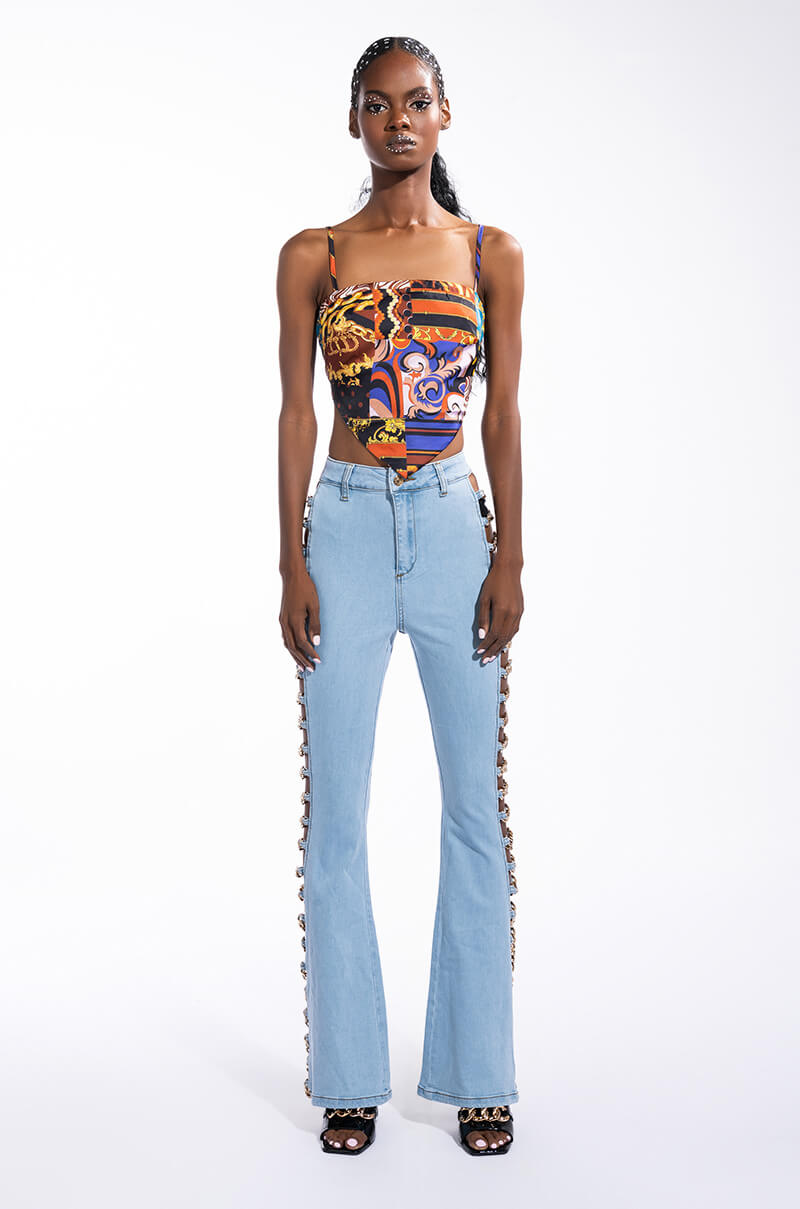 EMMA CHAIN DETAIL HIGH WAISTED FLARE JEANS
