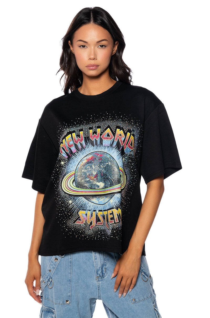 NEW WORLD SYSTEM EMBELLISHED GRAPHIC TEE