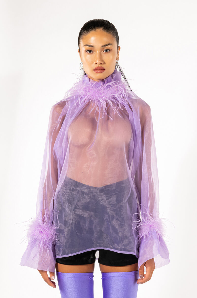NICE TO MEET YOU FEATHER TRIM LONG SLEEVE ORGANZA BLOUSE