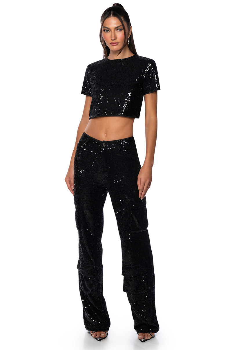 BEST WISHES SHORT SLEEVE SEQUIN TOP