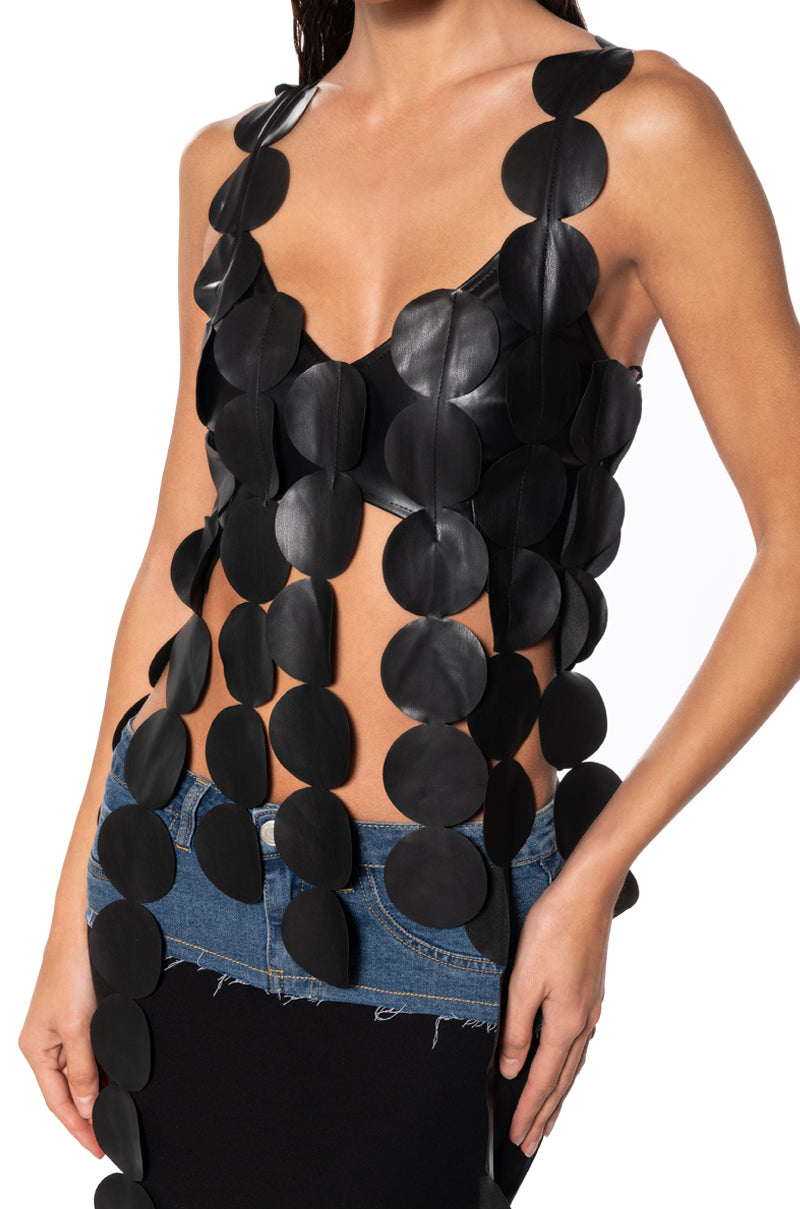 NO DISRESPECT FAUX LEATHER SLEEVELESS CROP TANK