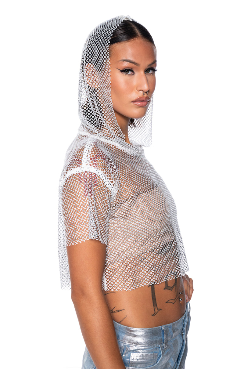 NORTH STAR RHINESTONE MESH HOODED CROP TOP IN WHITE