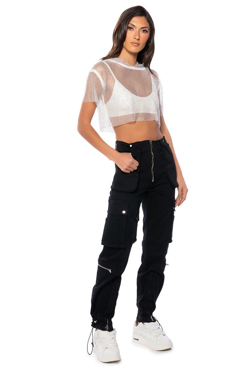 NORTH STAR RHINESTONE MESH HOODED CROP TOP IN WHITE