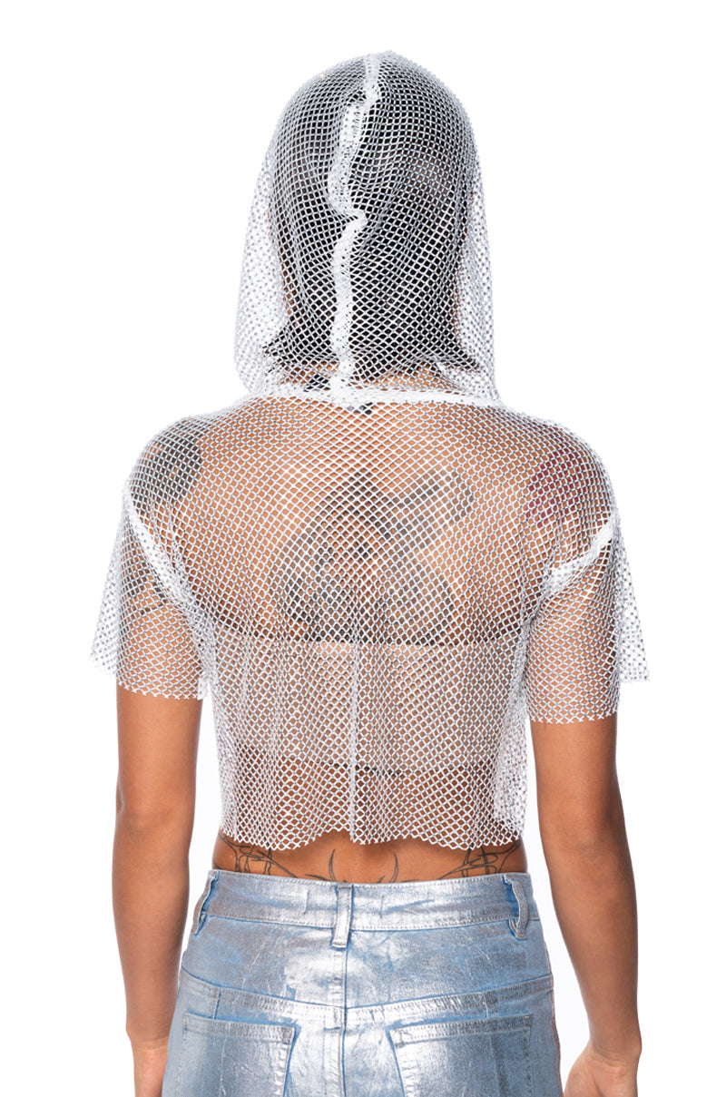 NORTH STAR RHINESTONE MESH HOODED CROP TOP IN WHITE