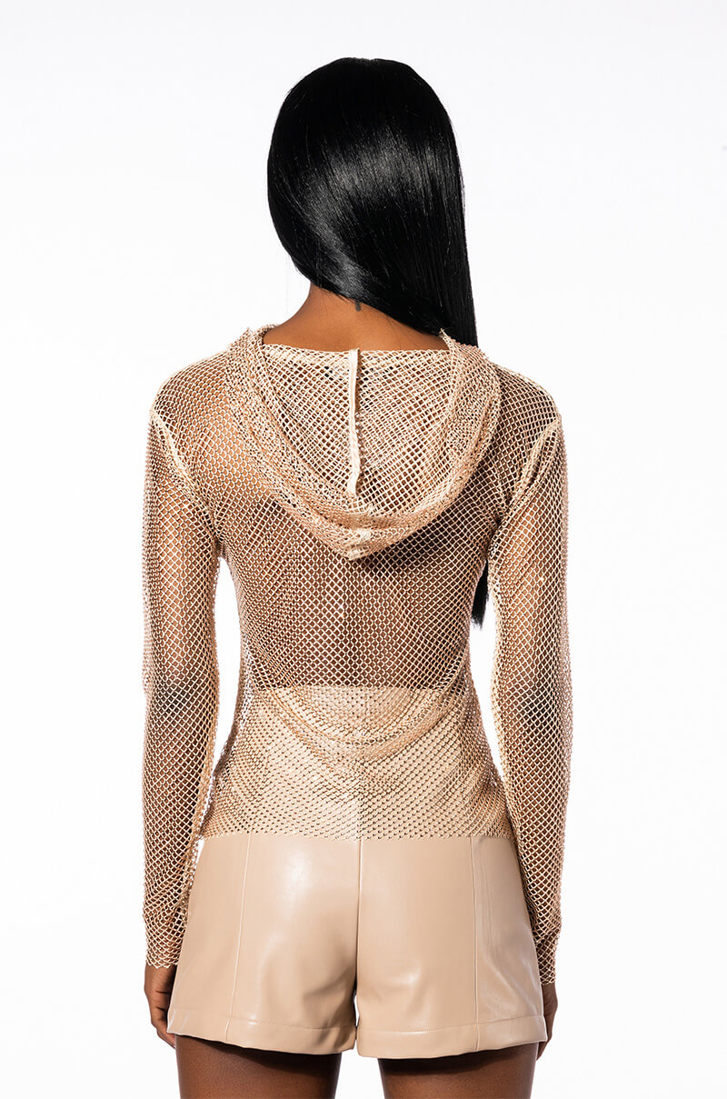 NORTH STAR RHINESTONE MESH HOODED TOP