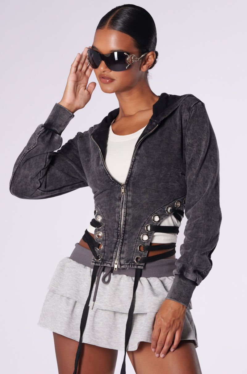 NOT MY FAULT MINERAL WASH LACE UP SWEATSHIRT