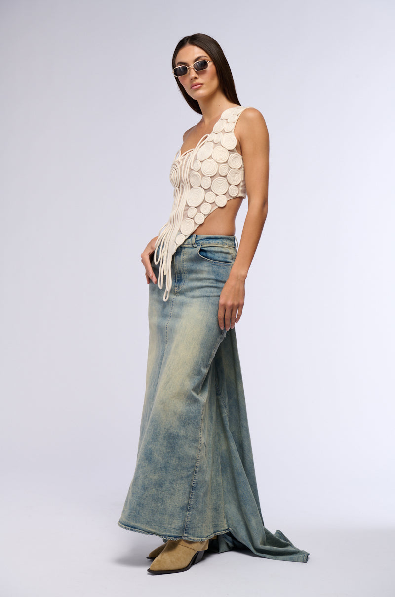 OH THE DRAMA DENIM MAXI SKIRT WITH TRAIN