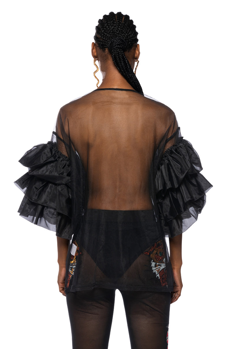OH WOW RUFFLED SLEEVE PATCH DETAIL OVERSIZED SHIRT