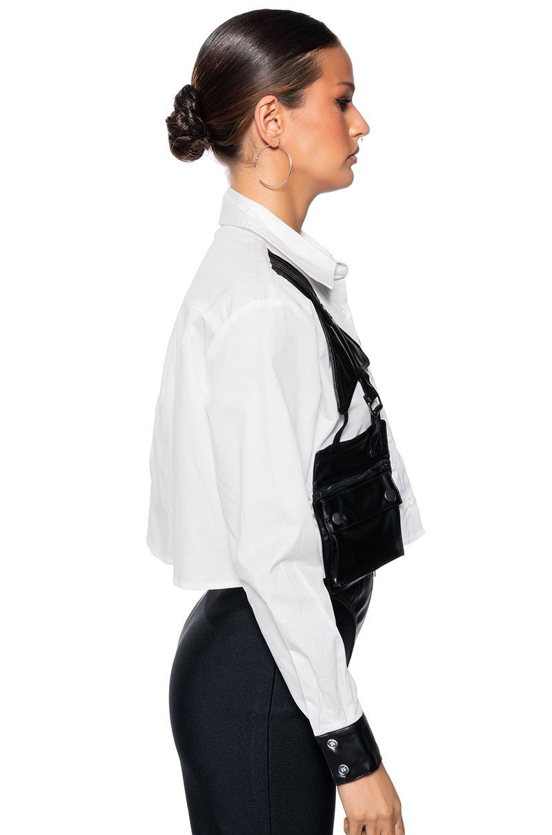 ON DUTY FAUX LEATHER POCKET DETAIL POPLIN SHIRT
