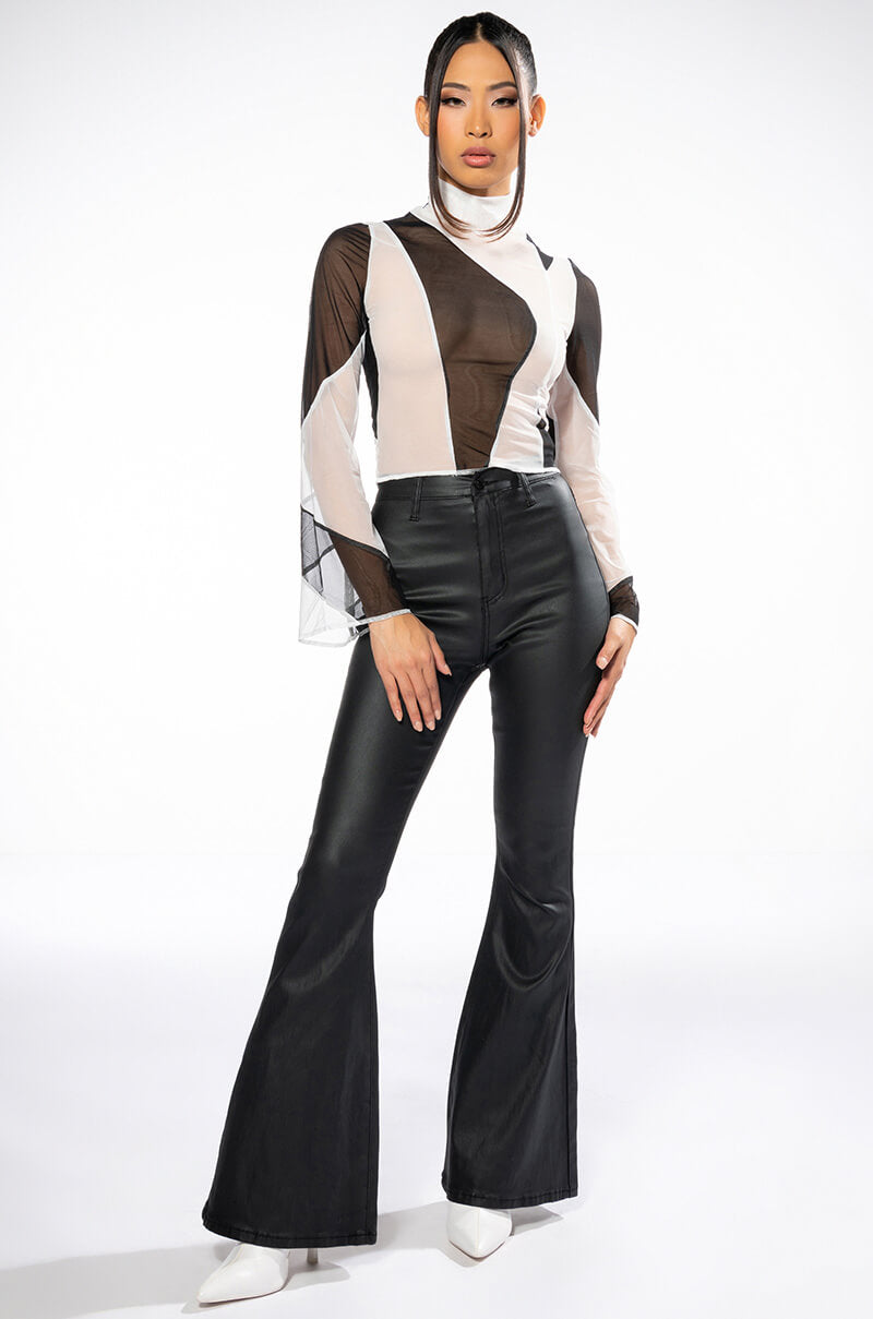 ON DUTY VEGAN LEATHER HIGH RISE FLARE PANTS LONG INSEAM