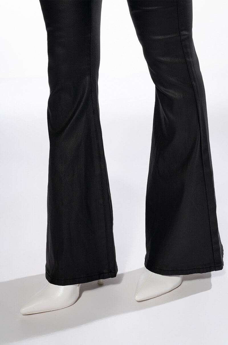 ON DUTY VEGAN LEATHER HIGH RISE FLARE PANTS LONG INSEAM